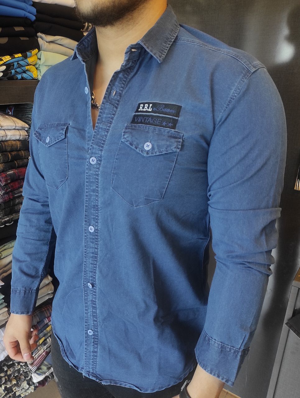پیراهن لی مردانه آستین بلند دو جیب پارچه ترک رنگ‌بندی کامل