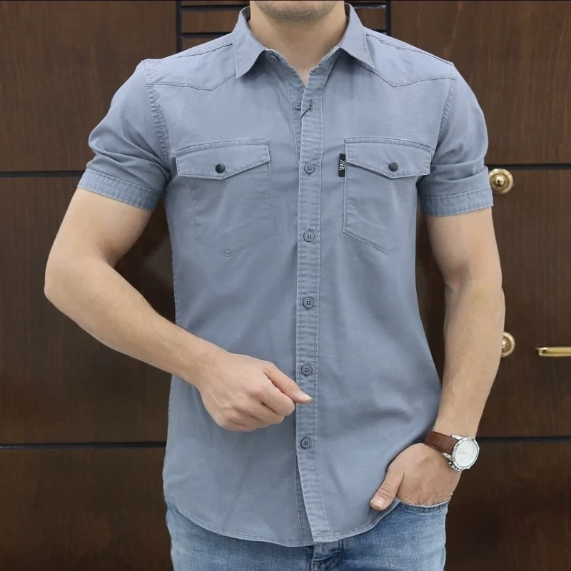 پیراهن کتان مردانه آستین کوتاه دوجیب- پارچه کتان ترک اورجینال (تولید شرکت L CON)