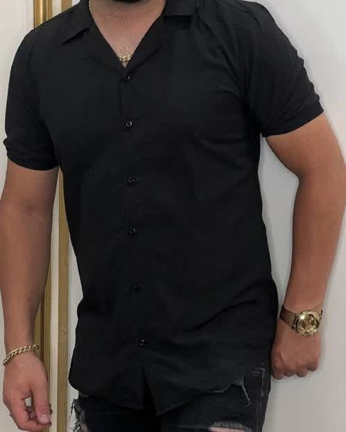 پیراهن نخی آستین کوتاه مردانه مشکی رنگ با تنخوری و کیفیتی بسیار عالی