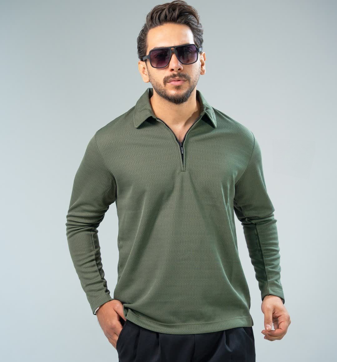 پیراهن مراکشی نیم زیپ استایل old mony رنگ سبز یشمی