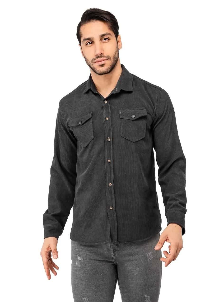 پیراهن کبریتی طوسی تیره دو جیب؛ استایل کلاسیک و راحت برای فصل سرد