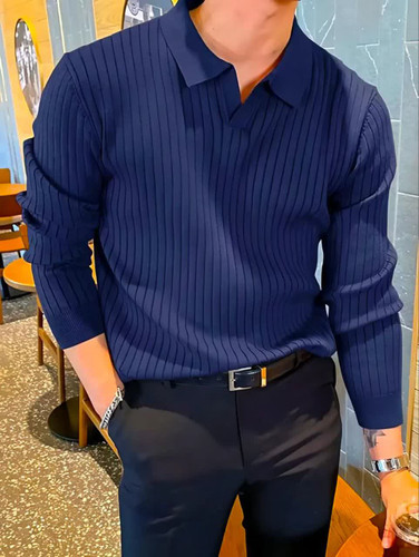 بلوز نیم یقه مراکشی مردانه اورجینال استایل اولد مانی old money رنگ سورمه ای