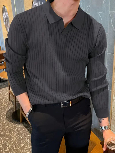 بلوز نیم یقه مراکشی مردانه اورجینال استایل اولد مانی old money رنگ ذغالی